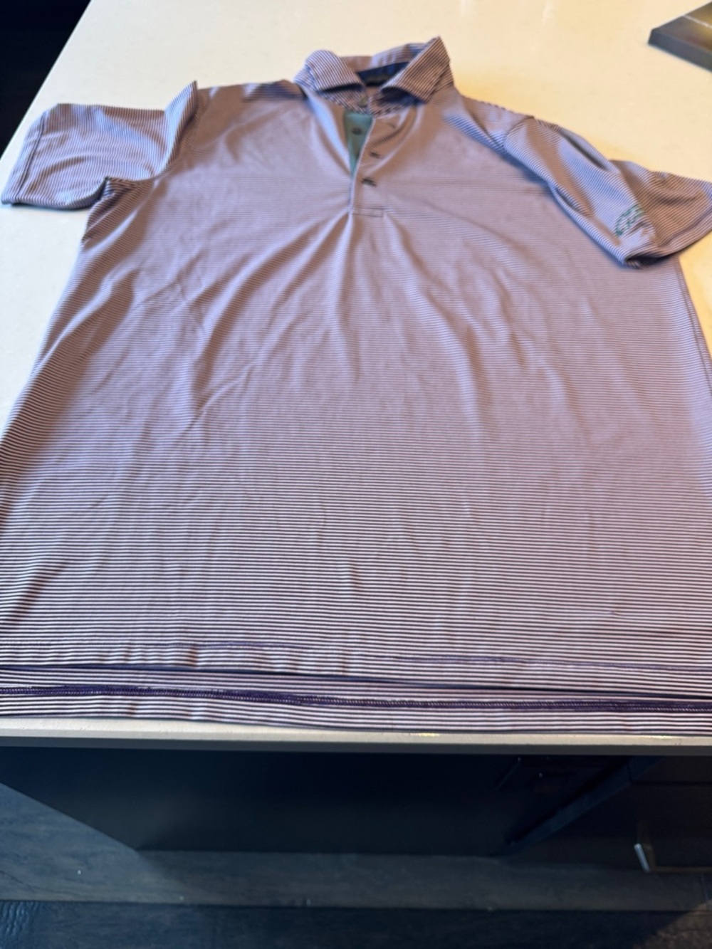 Greyson Men's Striped Polo — Lavender and White whitefish mt iron horse logo